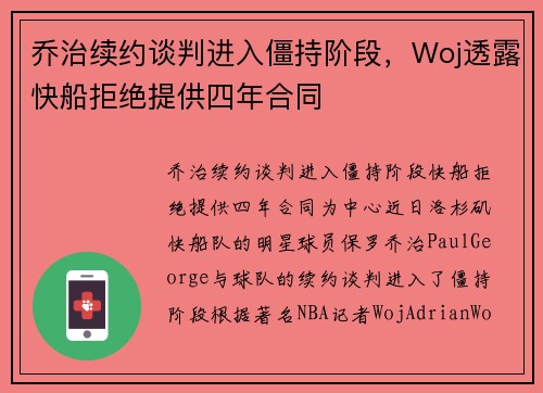 乔治续约谈判进入僵持阶段，Woj透露快船拒绝提供四年合同