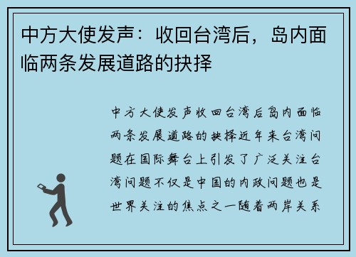 中方大使发声：收回台湾后，岛内面临两条发展道路的抉择