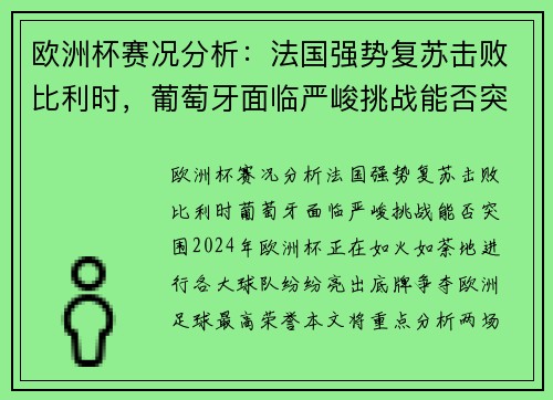 欧洲杯赛况分析：法国强势复苏击败比利时，葡萄牙面临严峻挑战能否突围？