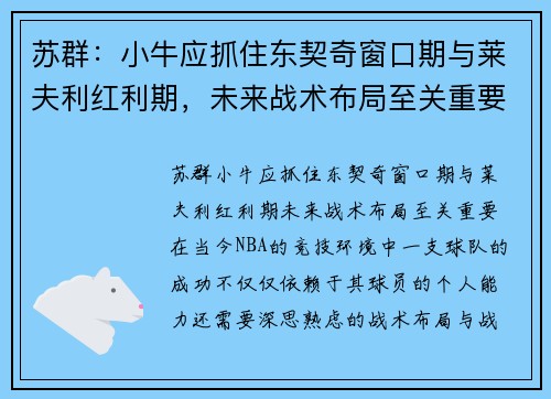 苏群：小牛应抓住东契奇窗口期与莱夫利红利期，未来战术布局至关重要