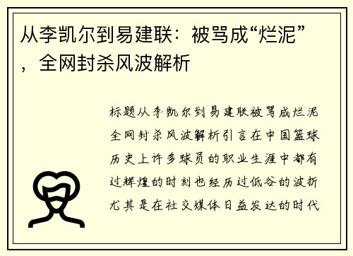 从李凯尔到易建联：被骂成“烂泥”，全网封杀风波解析