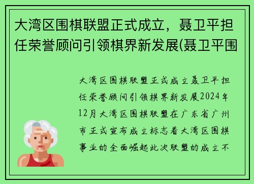 大湾区围棋联盟正式成立，聂卫平担任荣誉顾问引领棋界新发展(聂卫平围棋道馆)