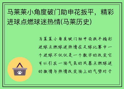 马莱莱小角度破门助申花扳平，精彩进球点燃球迷热情(马莱历史)