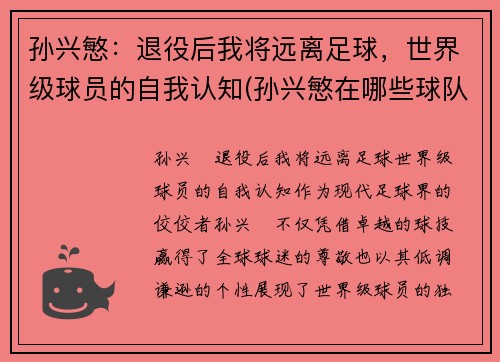 孙兴慜:退役后我将远离足球,世界级球员的自我认知(孙兴慜在哪些球队效力)