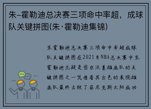 朱-霍勒迪总决赛三项命中率超，成球队关键拼图(朱·霍勒迪集锦)